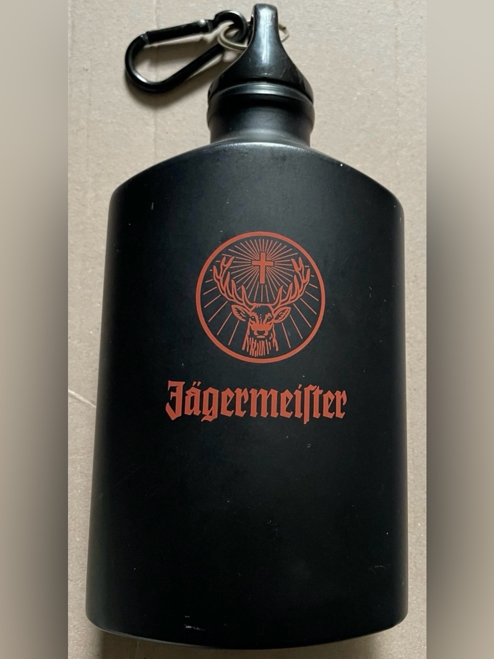 Jägermeister Black Logo Flask Bottle - Matte Black with Orange Print